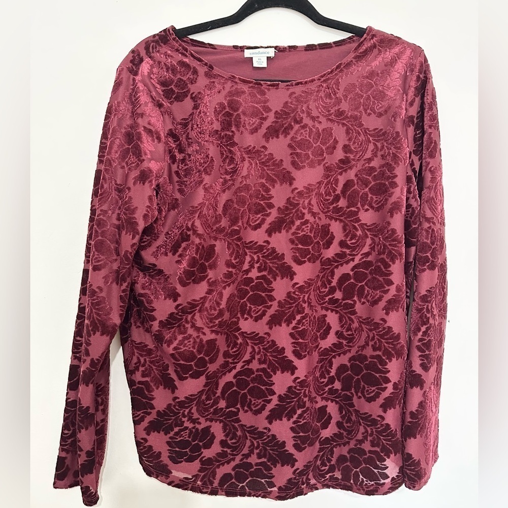 Sundance MAROON Top Long Sleeve Velvet FLORAL Delicate Senses Shirt Size xl